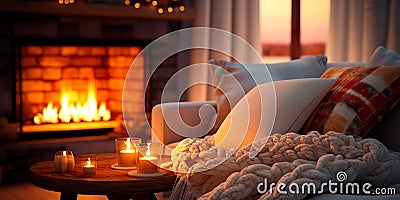 cozy winter celebration with a fireplace, warm blankets, and candles casting a soft, sparkling glow. Stock Photo