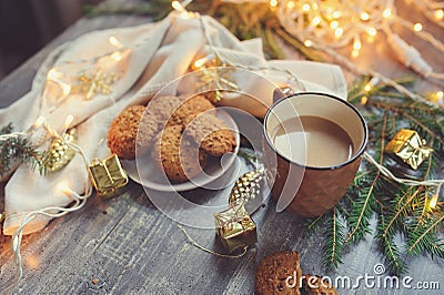 Cozy winter and Christmas setting with hot cocoa with marshmallows and homemade cookies Stock Photo