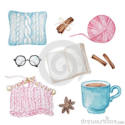 Cozy winter home. Cozy watercolor set of book, glasses, pillows, knitting, cup of tea and cinnamon Cartoon Illustration
