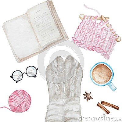 Cozy winter home. Set of book, glasses, knitting, socks, cup of tea and cinnamon sticks. Watercolor illustrations isolated Cartoon Illustration