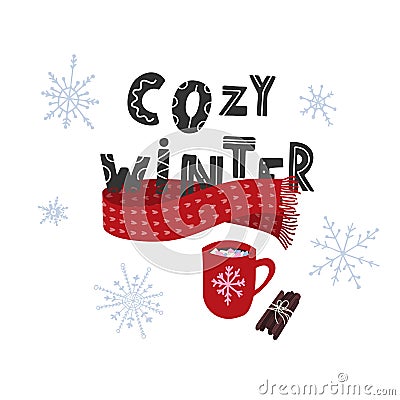 Cozy winter with hot cocoa and cinnamon sticks Vector Illustration