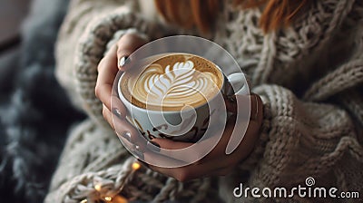 Cozy Winter Moments with a Cup of Artful Cappuccino. Generative ai Cartoon Illustration