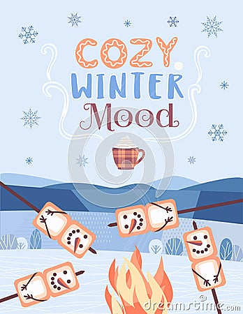 Cozy Winter Mood fun party welcome vector poster Cartoon Illustration
