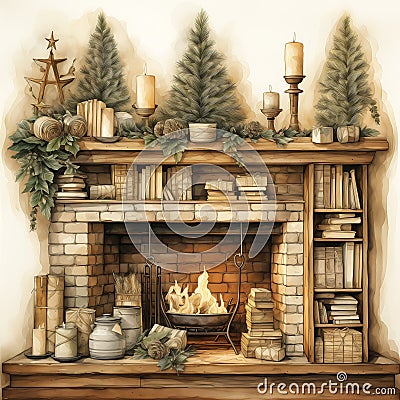 Cozy Winter Nights: A Rustic Illustration of Fireplace Candles Stock Photo