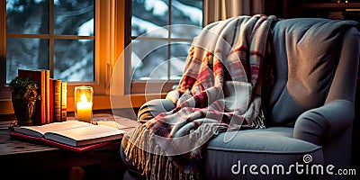 cozy winter reading nook with a comfortable chair, a warm blanket, and a cup of tea or coffee Stock Photo