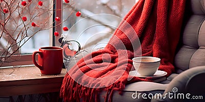 cozy winter reading nook with a comfortable chair, a warm blanket, and a cup of tea or coffee Stock Photo