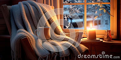 cozy winter reading nook with a comfortable chair, a warm blanket, and a cup of tea or coffee Stock Photo