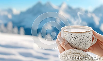 A cozy winter scene featuring a womans hands holding a steaming cup of hot beverage Stock Photo