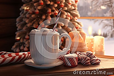 Cozy winter scene with a festive mug of cocoa Stock Photo