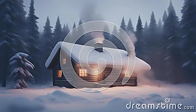 Cozy Winter Scene: Smoke Rising from a Snowy Forest Cabin's Chimney Stock Photo