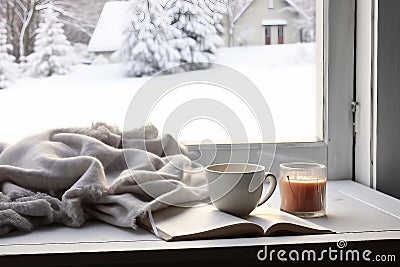 Cozy winter still life cup of hot coffee and opened book with warm plaid on vintage windowsill of cottage against snow landscape Stock Photo