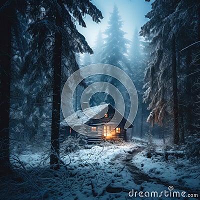 Cozy wooden cabin with illuminated windows amidst a snowy pine forest in misty winter evening Stock Photo