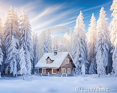 cozy wooden cottage in the winter forest. Cartoon Illustration