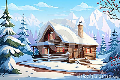 cozy wooden house on winter landscape Cartoon Illustration