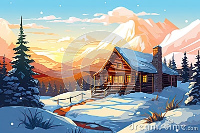 cozy wooden house on winter landscape Cartoon Illustration