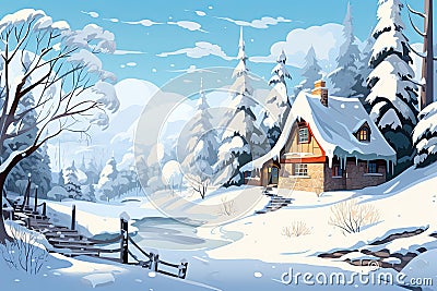 cozy wooden house on winter landscape Cartoon Illustration