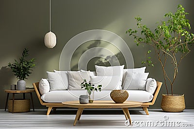Cozy wooden sofa with white cushions near dark green wall. Side table with houseplant and potted tree. Scandinavian interior Stock Photo
