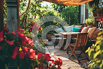Cozy wooden terrace with rustic wooden furniture, soft colorful pillows and blankets, sunshade and flower pots. Charming sunny Stock Photo