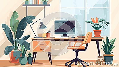 Cozy workplace with houseplants. generated by AI tool. Cartoon Illustration