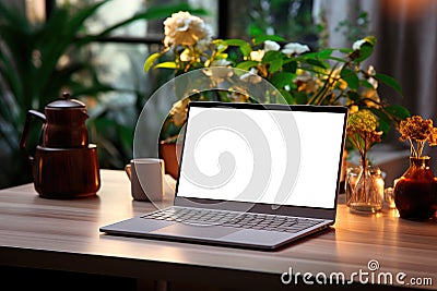 Cozy workplace with a laptop with an empty screen, indoor flowers on a wooden table Stock Photo