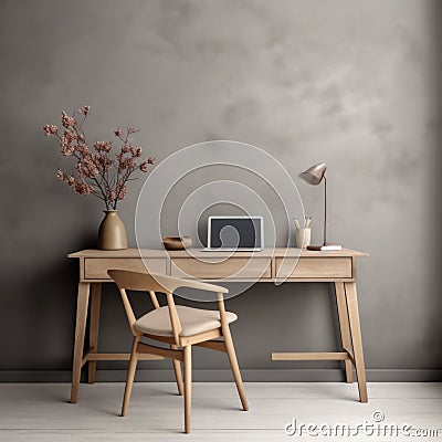 Cozy workplace with wooden writing desk and chair near grey wall. Interior design of modern Scandinavian home office Stock Photo