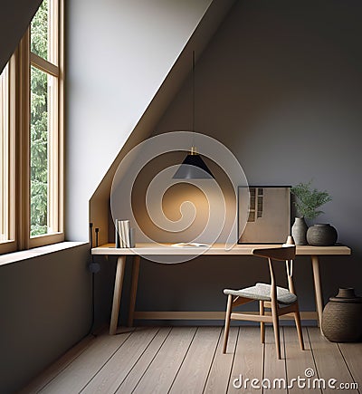 Cozy workplace with wooden writing desk and chair near grey wall. Interior design of modern scandinavian home office. Created with Stock Photo