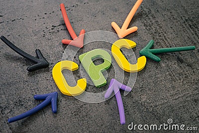 CPC, cost per click the main KPI for online advertising industry, colorful arrows pointing to the word COST at the center on Stock Photo