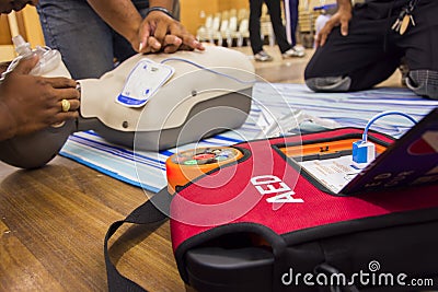 Cpr with aed training and blur background Stock Photo