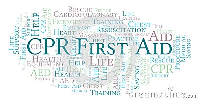 CPR First Aid word cloud, made with text only. Stock Photo