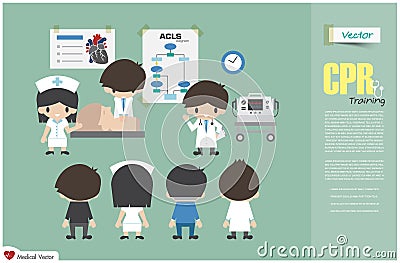 CPR training . Medical team are teaching about cardiopulmonary resuscitation in hospital . Vector . Flat design Vector Illustration