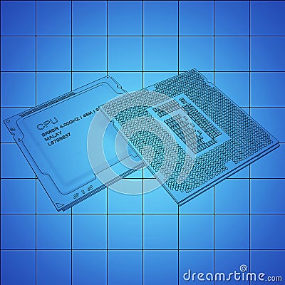 CPU bplueprint on grid, black outline, 3d rendering Stock Photo