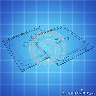 CPU bplueprint on grid, black outline, 3d rendering Stock Photo