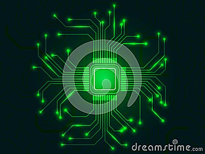 CPU chip with bright connections. Green microprocessor. Abstract light technological backdrop. Glowing motherboard Vector Illustration
