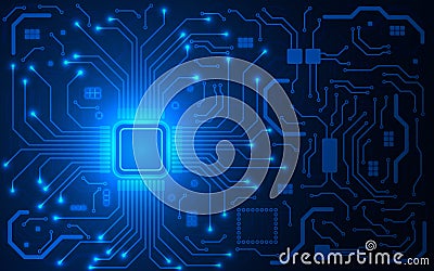 CPU chip and circuit board. Blue microprocessor background. Computer motherboard. Bright connections. Abstract light Vector Illustration