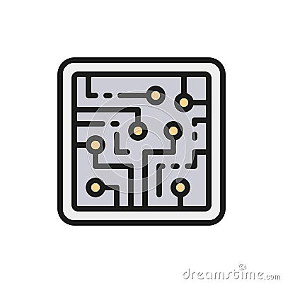 CPU, computer chip, electronic circuit, processor flat color line icon. Vector Illustration