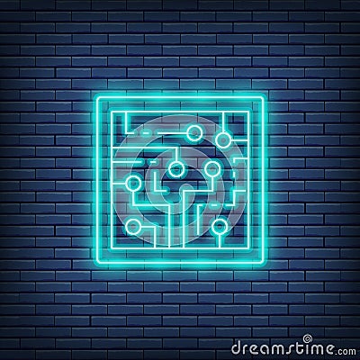 CPU, computer chip, electronic circuit, processor neon sign. Vector Illustration