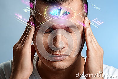 CPU, GPU processor in the human head, new technologies, the symbiosis of man and technology, fast information processing. Copy Stock Photo