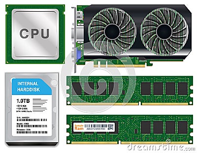 Cpu graphic card harddisk ram on white background Vector Illustration