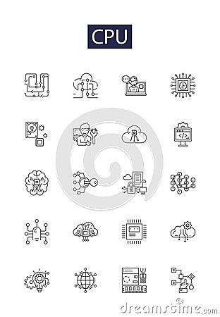 Cpu line vector icons and signs. CPU, Core, Central, Unit, Control, Clock, Computation, Chip outline vector illustration Vector Illustration