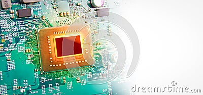 The CPU processor chip overheats and burns in the socket on the computer motherboard, copy space for text Stock Photo