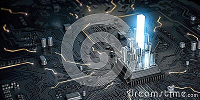 CPU processor with graph from crystales on the circuit board motherboard. Compare of speed level and cooling of CPU information Cartoon Illustration