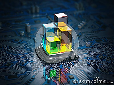 CPU processor with graph and diagram on the circuit board mother Cartoon Illustration