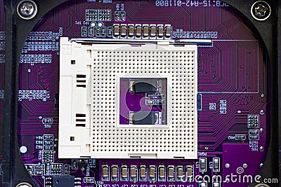 CPU socket of computer mainboard, the processing Stock Photo