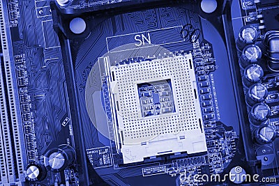 CPU socket on a computer motherboard macro close Stock Photo