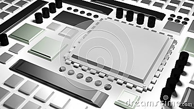 CPU in socket motherboard, simple, simplified grayscale model, shades of grey 3d rendering made from basic shapes. PC components Stock Photo