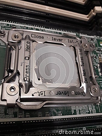 CPU socket, server processor under thermal grease, hitech Stock Photo