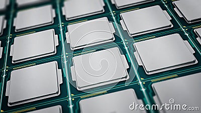 CPUs (central processing units) in a row. 3D illustration Cartoon Illustration