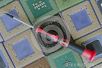 CPUs and a screwdriver Stock Photo
