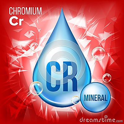 Cr Chromium Vector. Mineral Blue Drop Icon. Vitamin Liquid Droplet Icon. Substance For Beauty, Cosmetic, Heath Promo Ads Vector Illustration