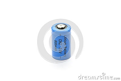 CR2 Lithium Battery on White Background Stock Photo